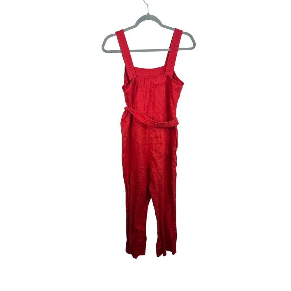 Everlane Jumpsuit Womens 0 Red Good Linen Square Neck Tie Waist Sleeveless
